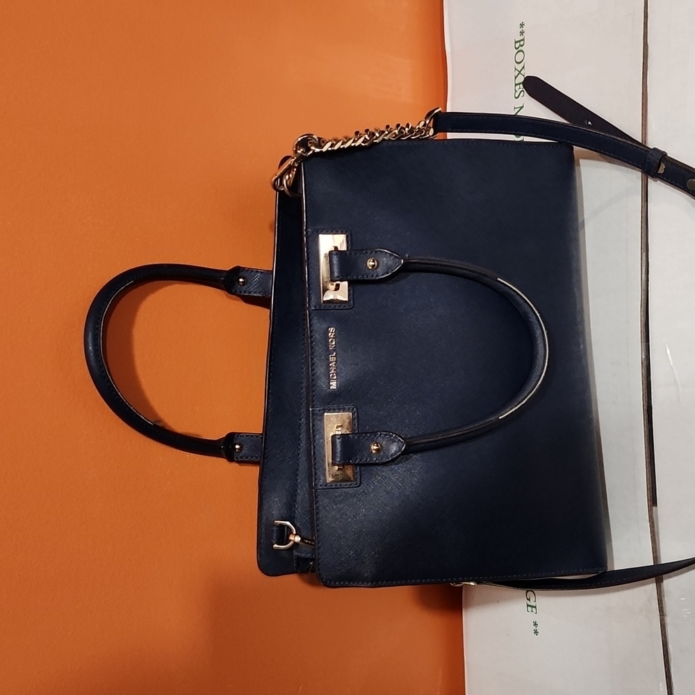 Michael Kors Satchel Leather Bag in Navy Blue with Gold Chain